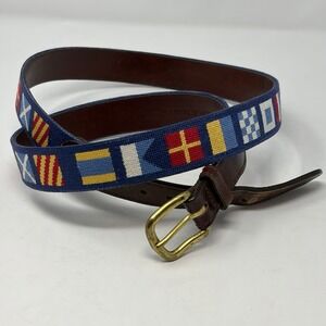 Smathers and Branson Needlepoint Belt Nautical Flags Blue Size 48 Brass Buckle